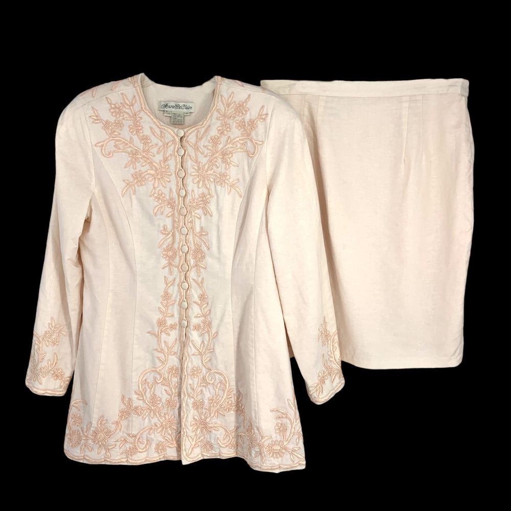 Vintage 1980s Marie St Claire Sz 14 Pink Linen Embroidered Jacket Skirt 2 Pc Set